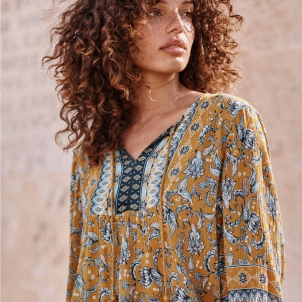 Garnet Hill Women's Yellow Boho Print Blouse Tassel V-neck Gauze Viscose Size